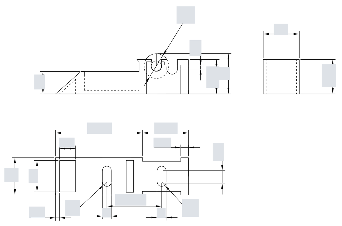 CAD drawing excerpt showing three orthographic views of the component, with dimension values covered